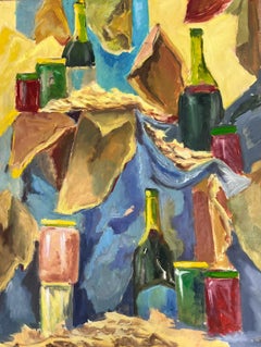 Bouteilles de champagne 1970 Nature morte française Peinture moderniste