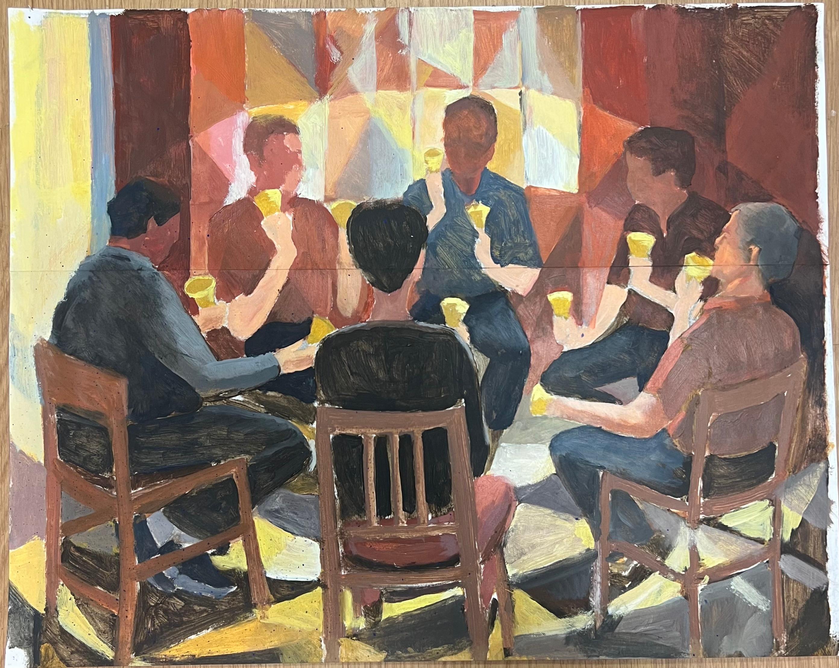 Círculo de amigos tocando las campanas en armonía entre motivos geométricos Óleo francés - Painting de Guy Nicod