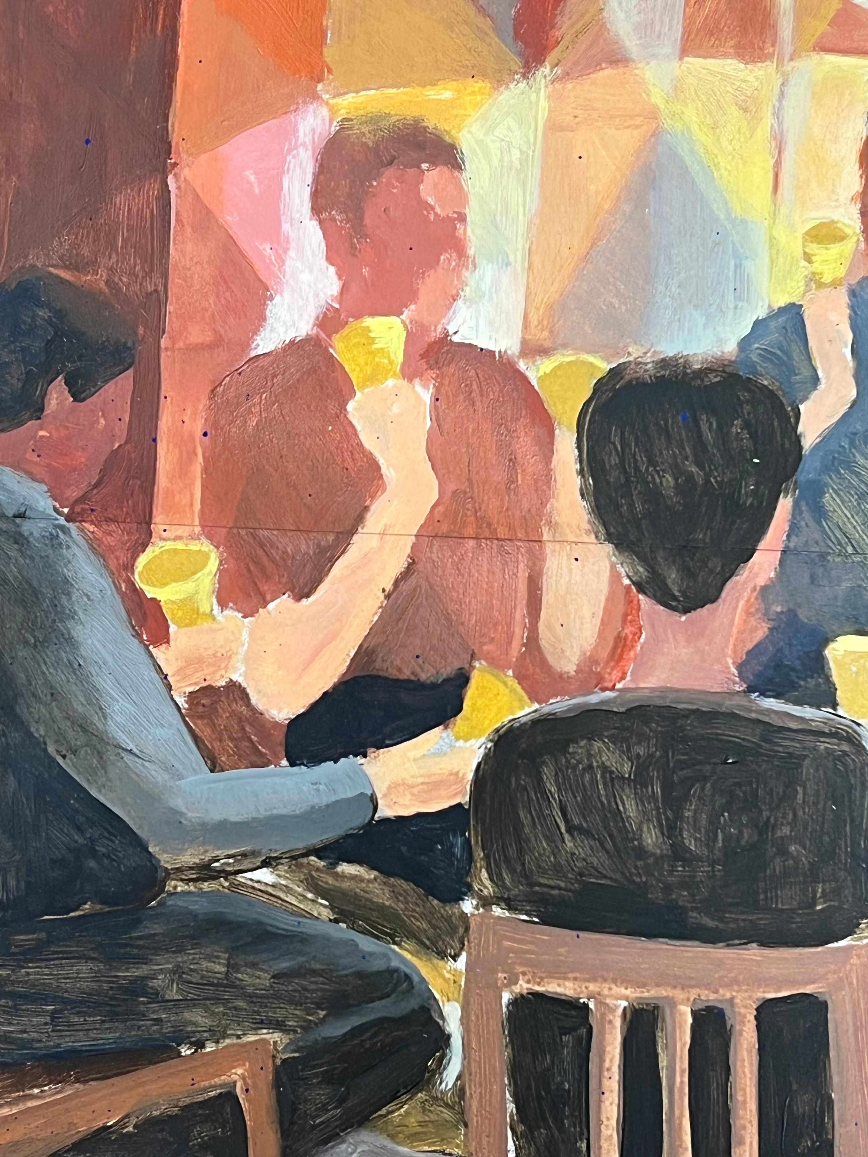 Círculo de amigos tocando las campanas en armonía entre motivos geométricos Óleo francés - Painting Posimpresionista de Guy Nicod