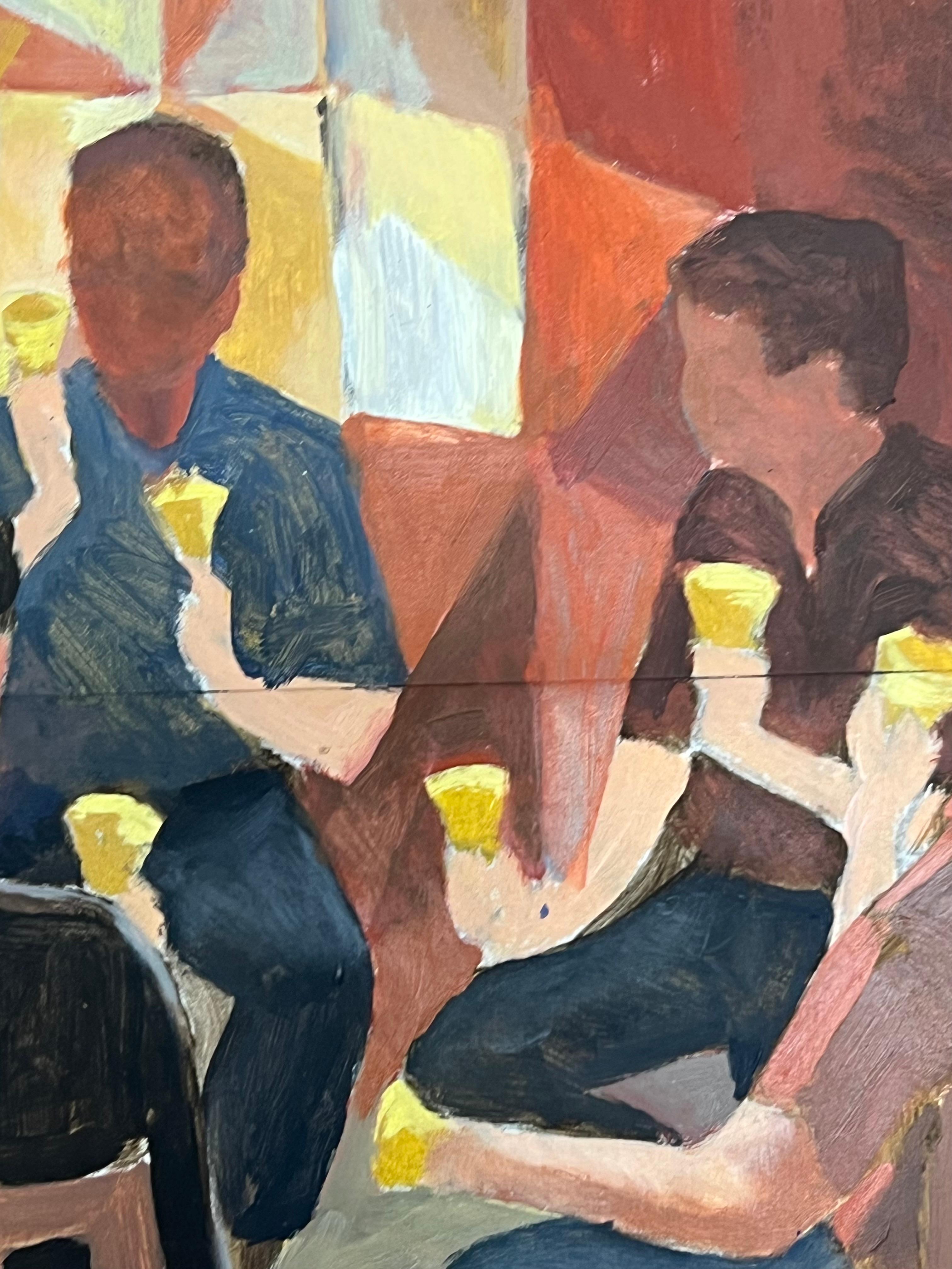Círculo de amigos tocando las campanas en armonía entre motivos geométricos Óleo francés - Figurative Painting Marrón de Guy Nicod