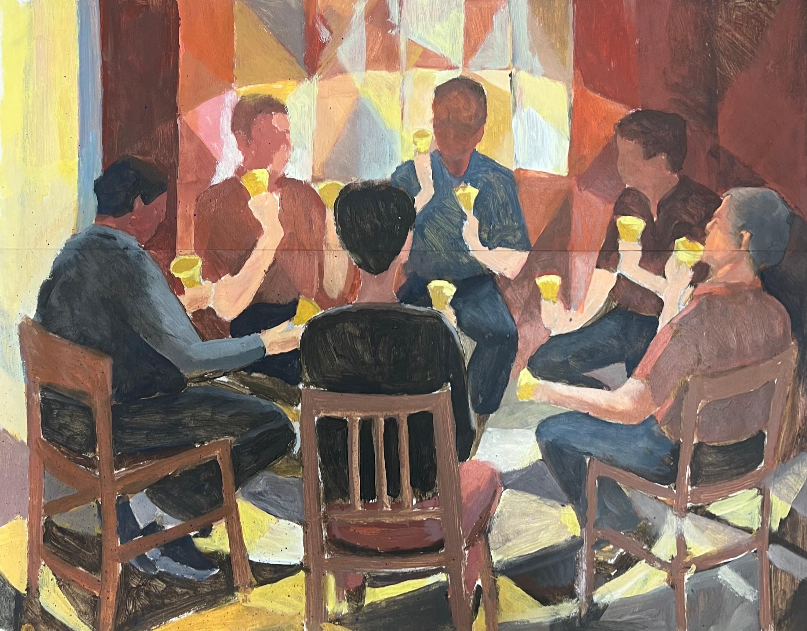 Figurative Painting de Guy Nicod - Círculo de amigos tocando las campanas en armonía entre motivos geométricos Óleo francés