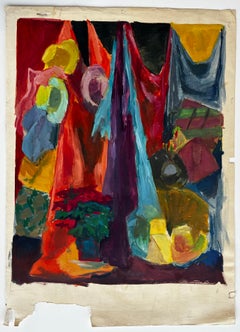 Colourful Draped Fabrics Hanging Hats and Red Flower Pot Modernist Still Life