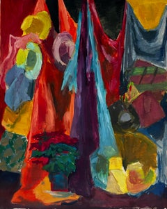 Vintage Colourful Draped Fabrics Hanging Hats and Red Flower Pot Modernist Still Life