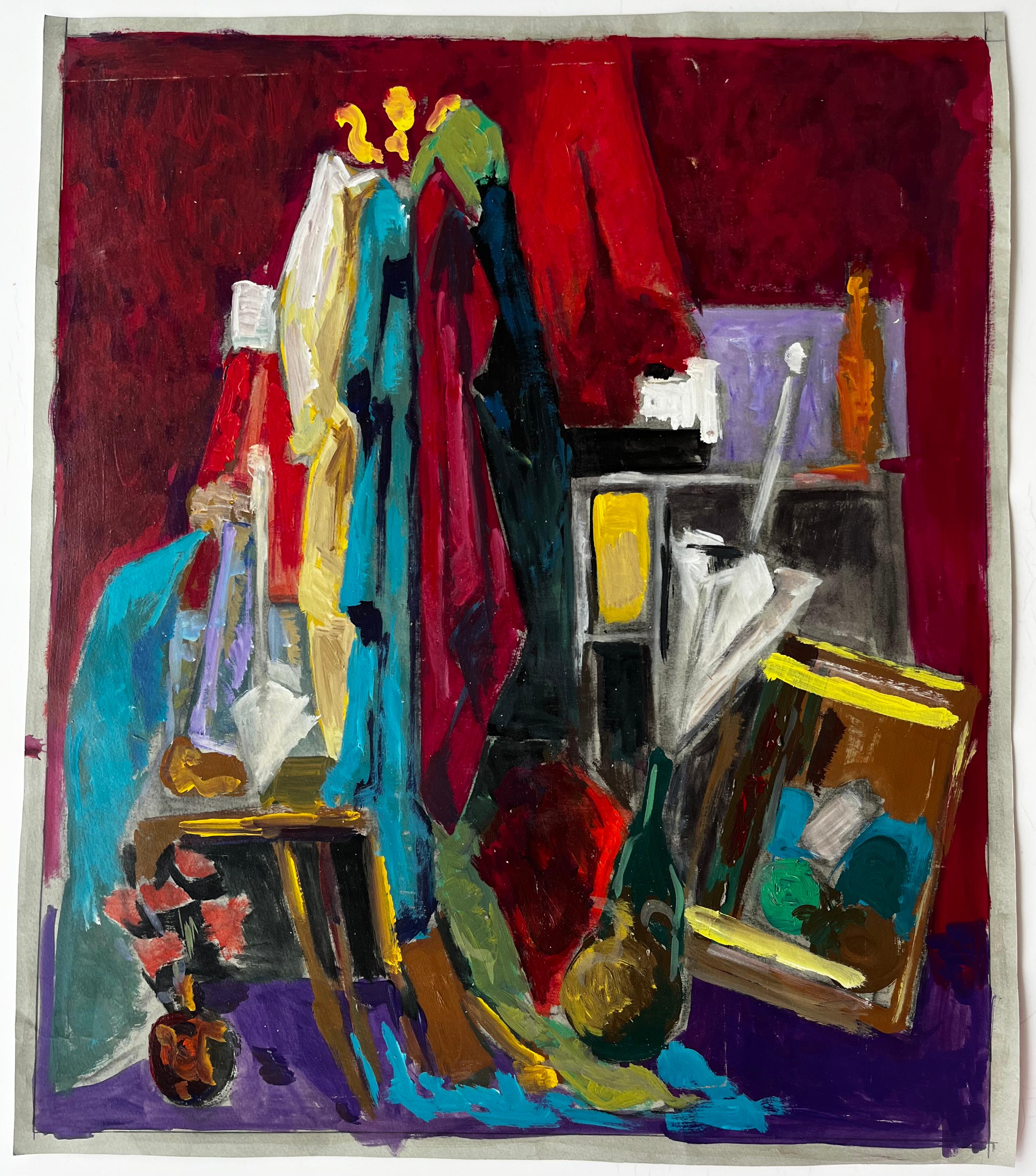 Colorée  Nature morte à l'huile moderne française avec bouteilles en tissu et cadre photo - Painting de Guy Nicod