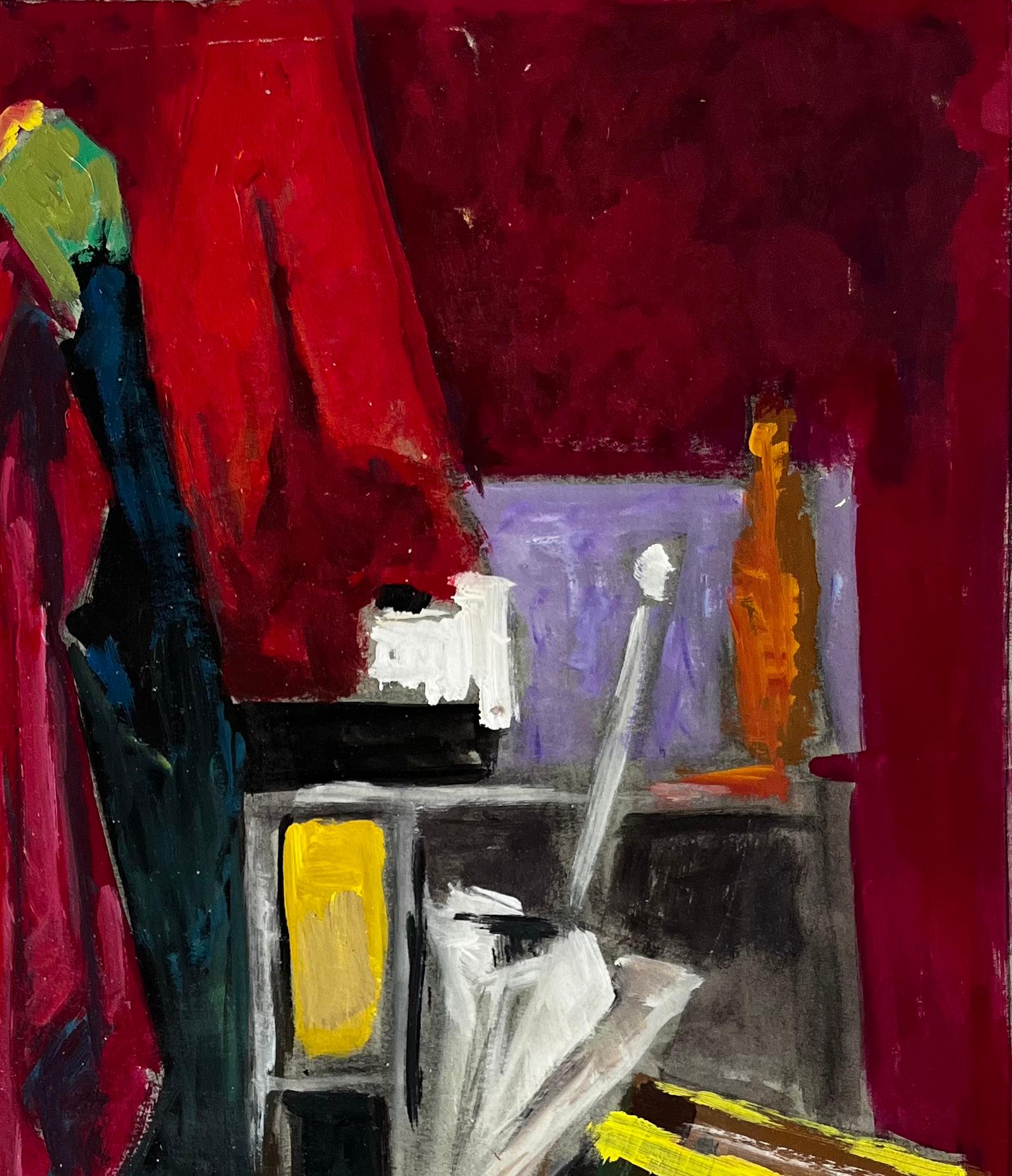 Colorée  Nature morte à l'huile moderne française avec bouteilles en tissu et cadre photo - Moderne Painting par Guy Nicod