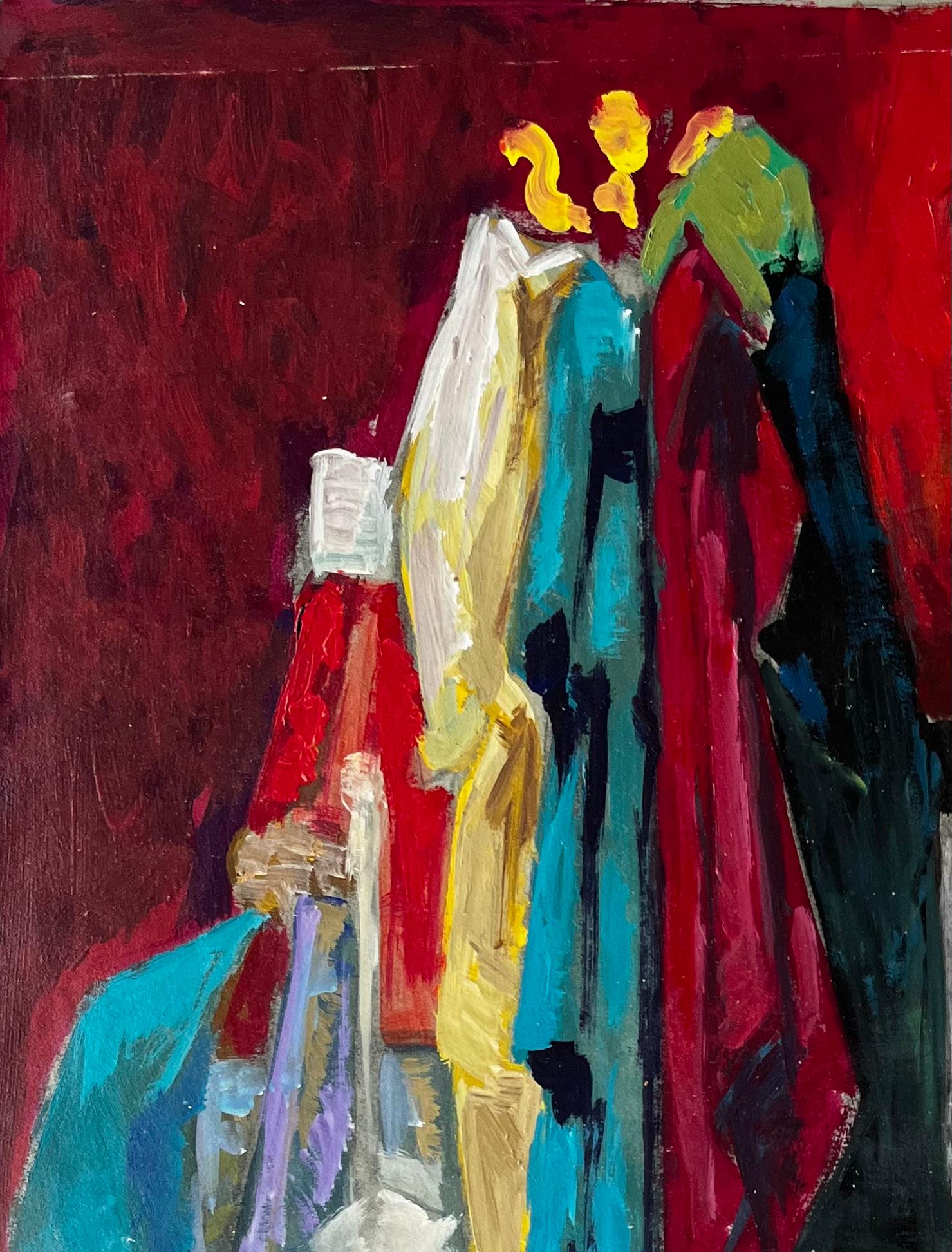 Colorée  Nature morte à l'huile moderne française avec bouteilles en tissu et cadre photo - Noir Still-Life Painting par Guy Nicod
