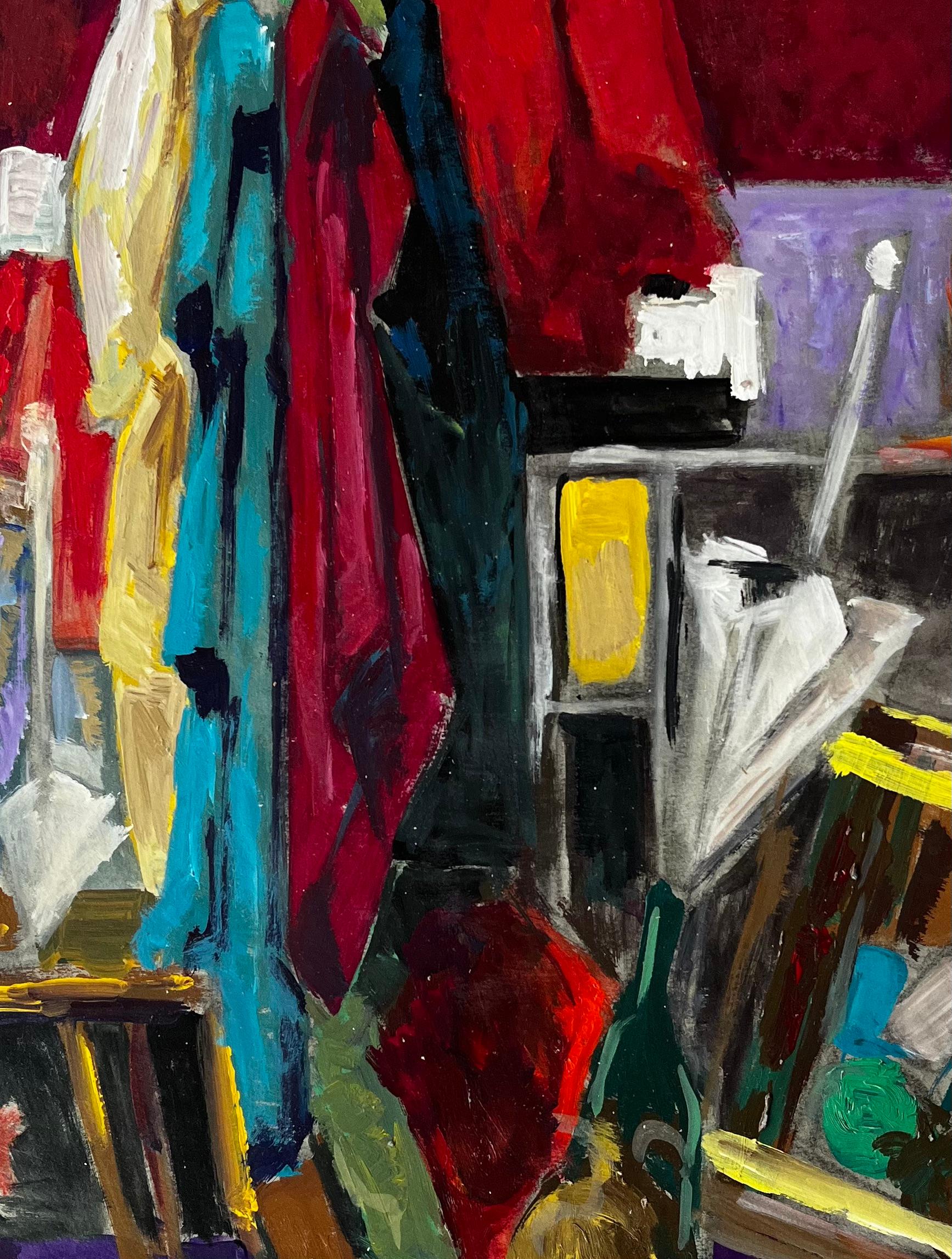 Colorée  Nature morte à l'huile moderne française avec bouteilles en tissu et cadre photo en vente 2