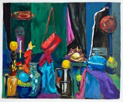 Colourful Interior Still Life with Vases Bowls and Hanging Bag Modernist Gouache