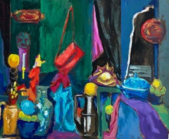 Colourful Interior Still Life with Vases Bowls and Hanging Bag Modernist Gouache