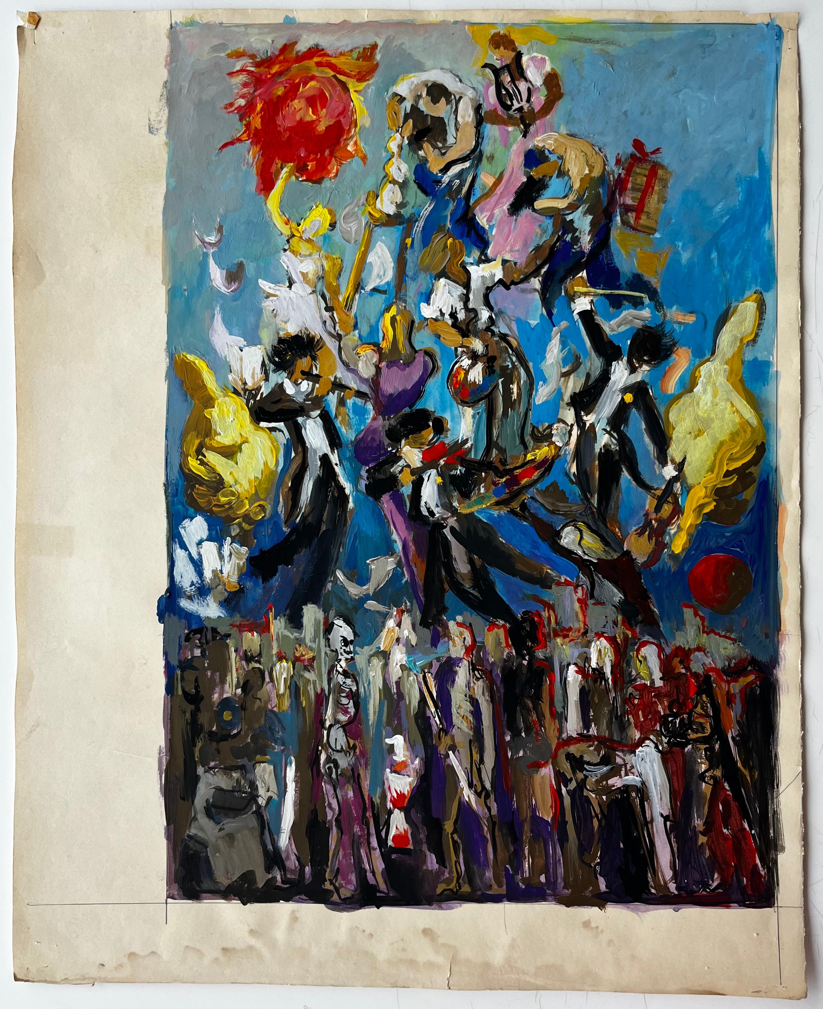 Dynamic French Modernist Carnival Procession with Figures and Red Sun - Painting by Guy Nicod