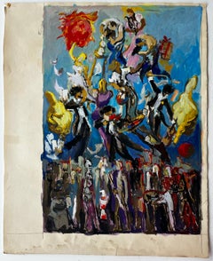 Procession de carnaval moderniste française dynamique avec personnages et soleil rouge