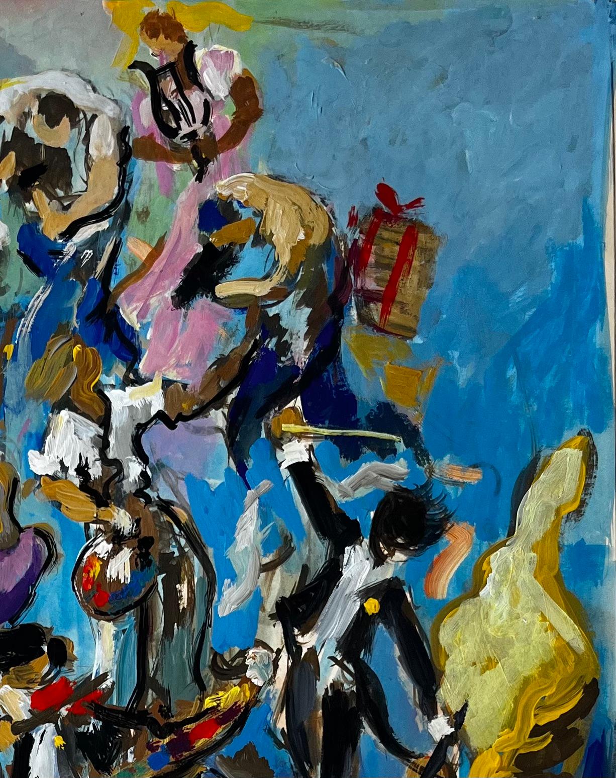 Dynamic French Modernist Carnival Procession with Figures and Red Sun - Black Still-Life Painting by Guy Nicod