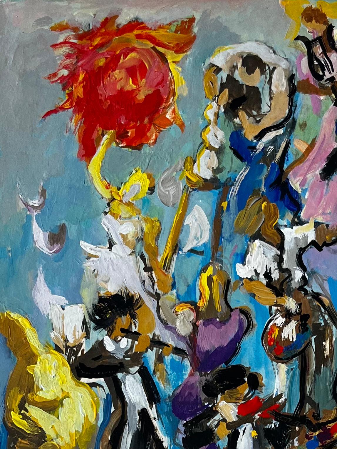 Title: Dynamic French Modernist Carnival Procession with Figures and Red Sun
Guy Nicod (French 1923 - 2021) 
Gouache on artist paper, unframed
Size: 24 x 19.25 inches (height x width)
Provenance: Artists estate, France
Condition: Good overall with