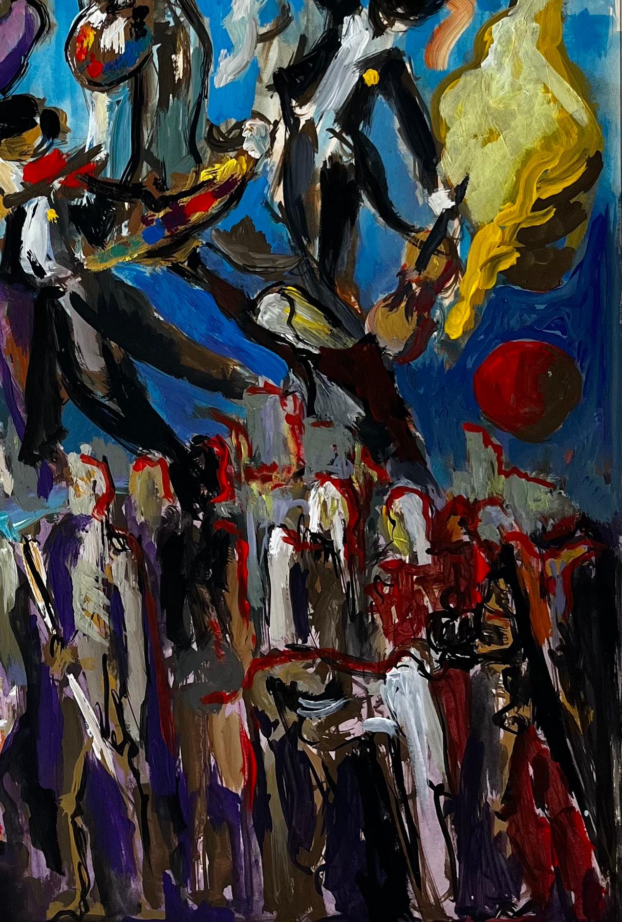 Dynamic French Modernist Carnival Procession with Figures and Red Sun For Sale 1