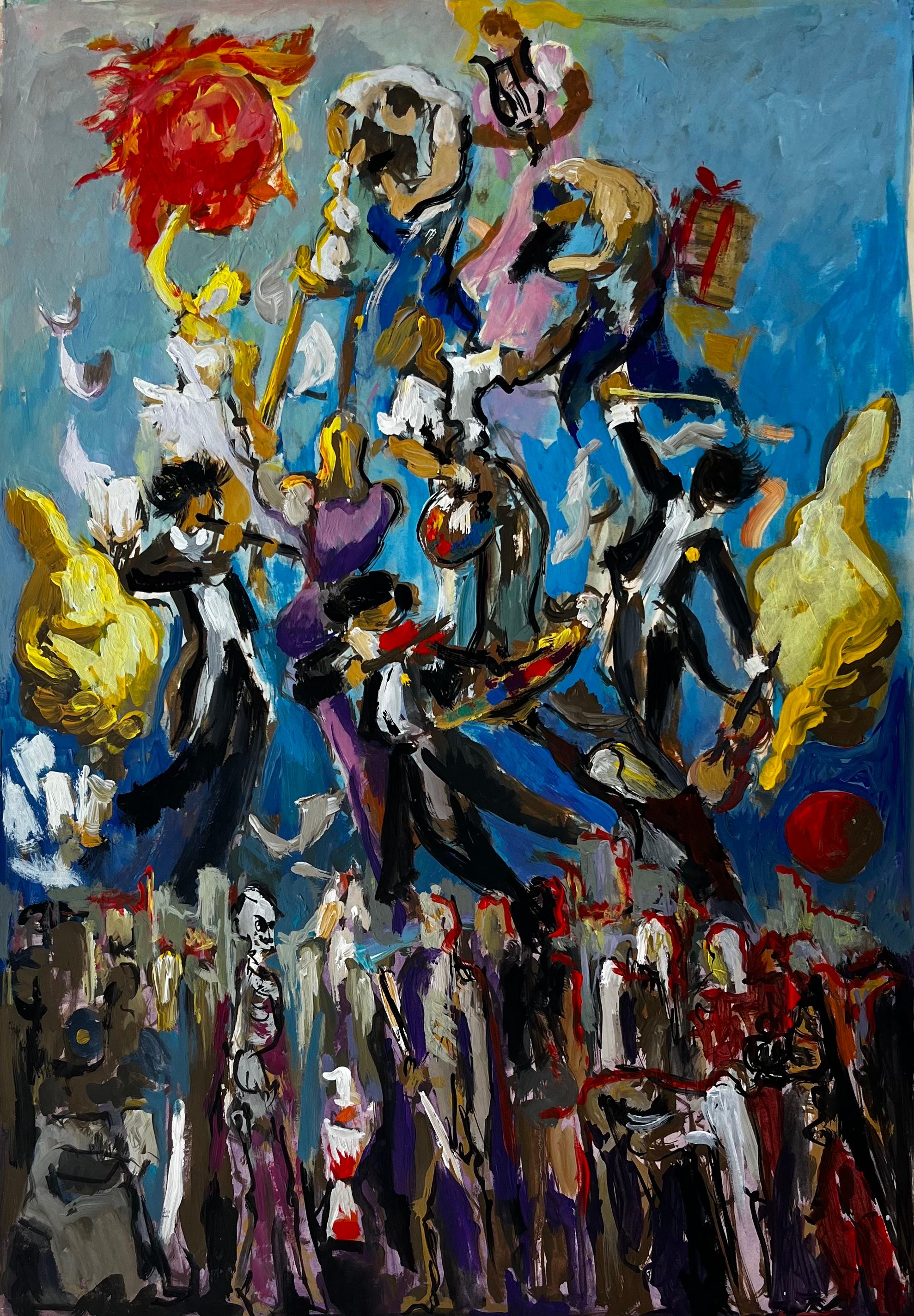 Guy Nicod Still-Life Painting - Dynamic French Modernist Carnival Procession with Figures and Red Sun
