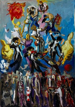 Dynamic French Modernist Carnival Procession with Figures and Red Sun