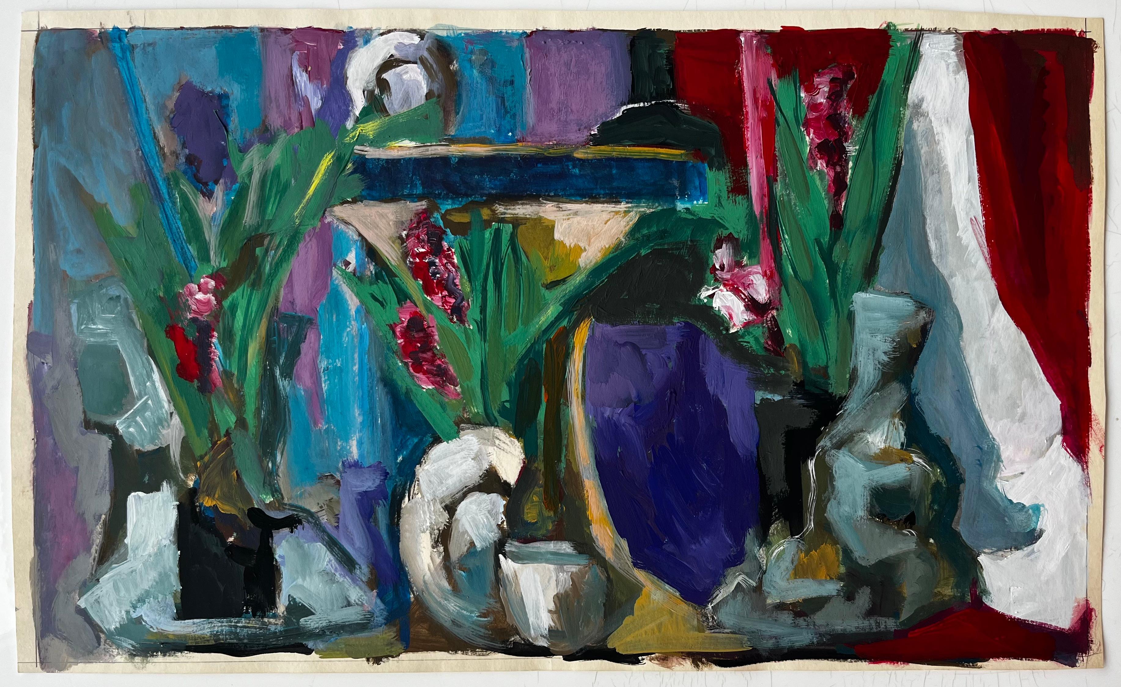Nature morte florale avec draperie et vase violet Peinture à la gouache moderne française - Painting de Guy Nicod