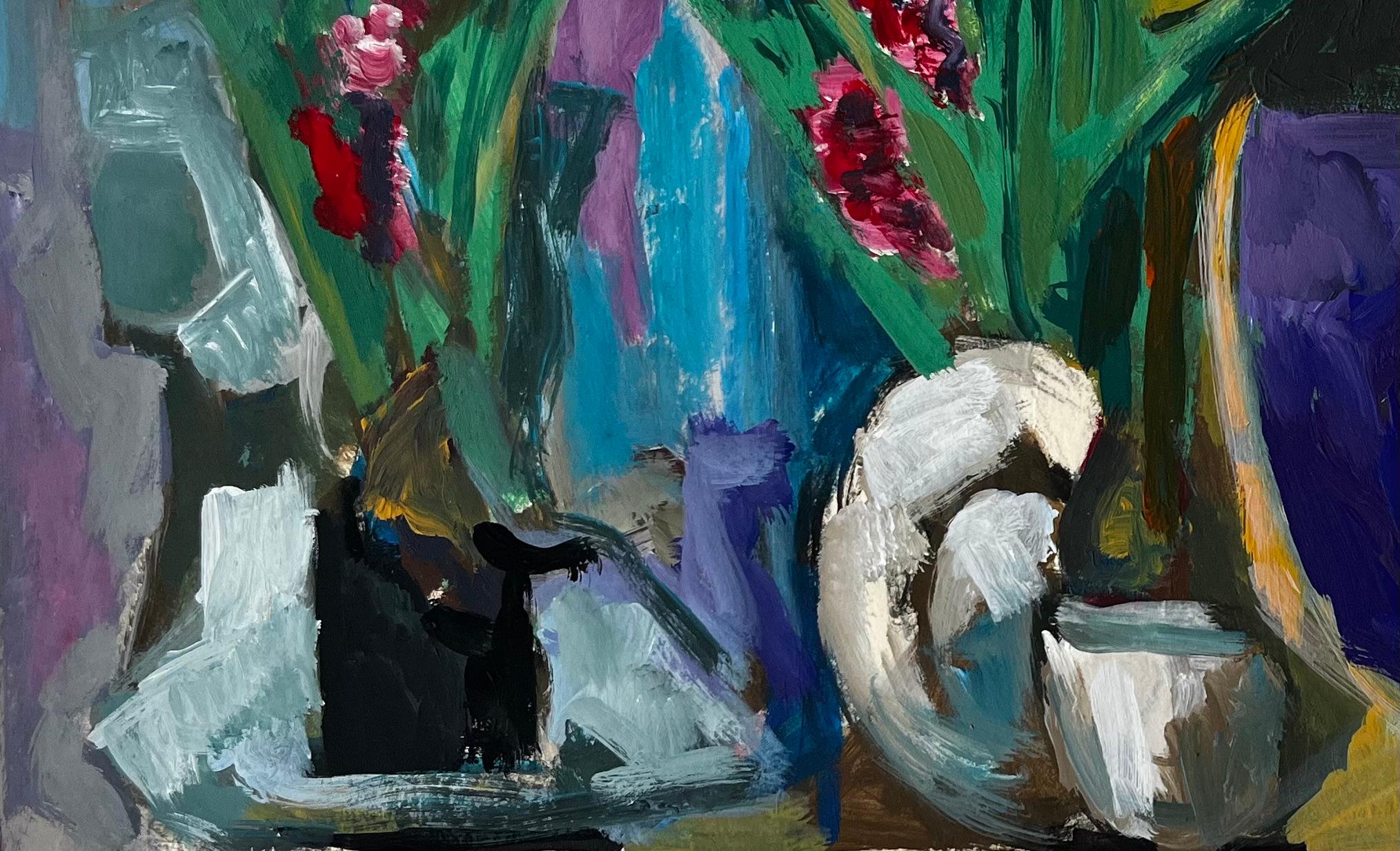Nature morte florale avec draperie et vase violet Peinture à la gouache moderne française - Noir Abstract Painting par Guy Nicod