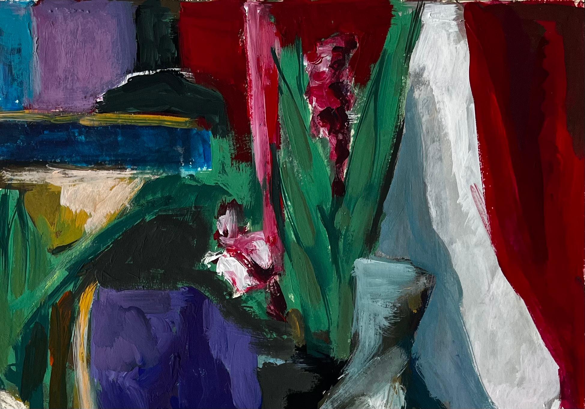 Nature morte florale avec draperie et vase violet Peinture à la gouache moderne française en vente 1