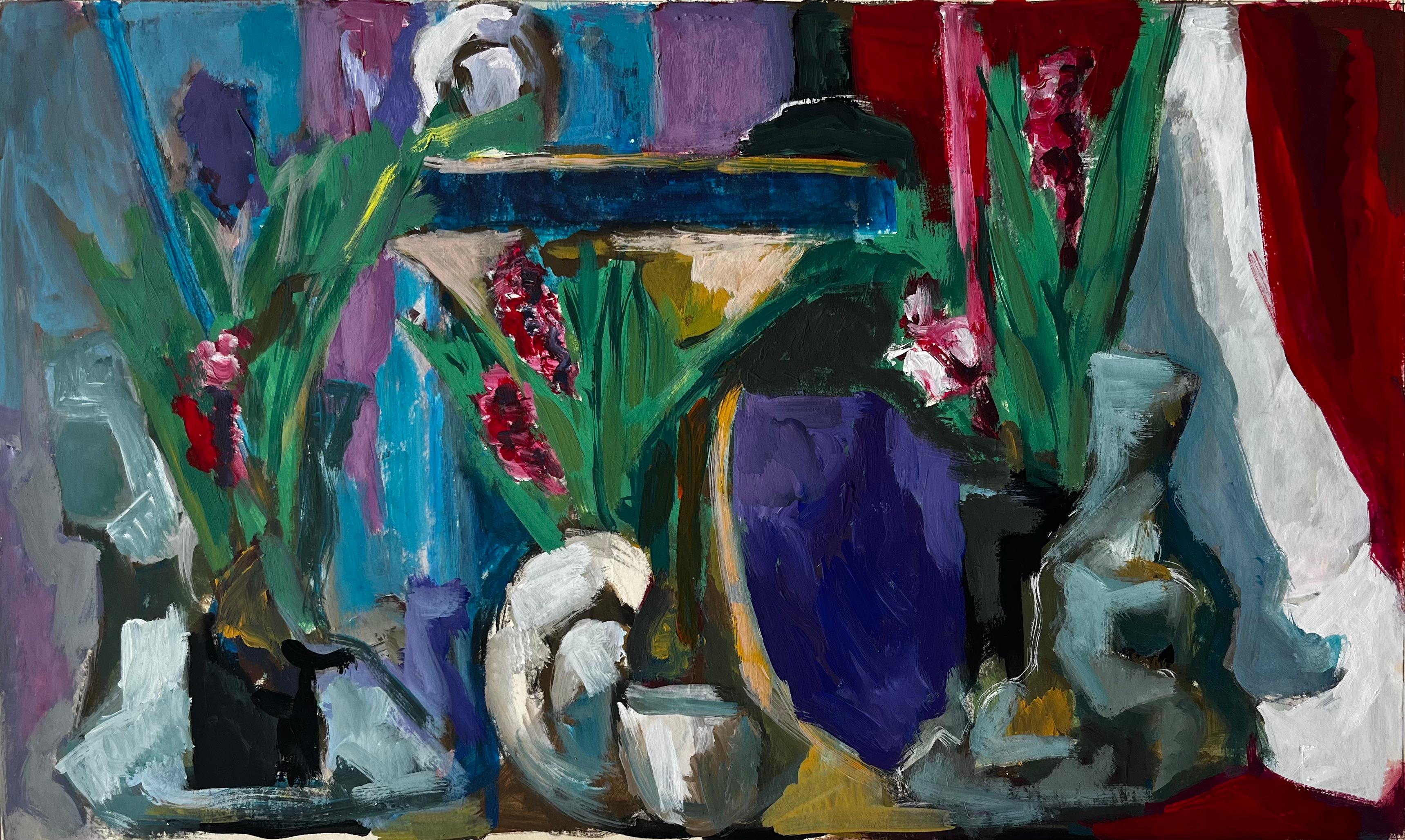 Floral Still Life with Drapery and Purple Vase French Modern Gouache Painting