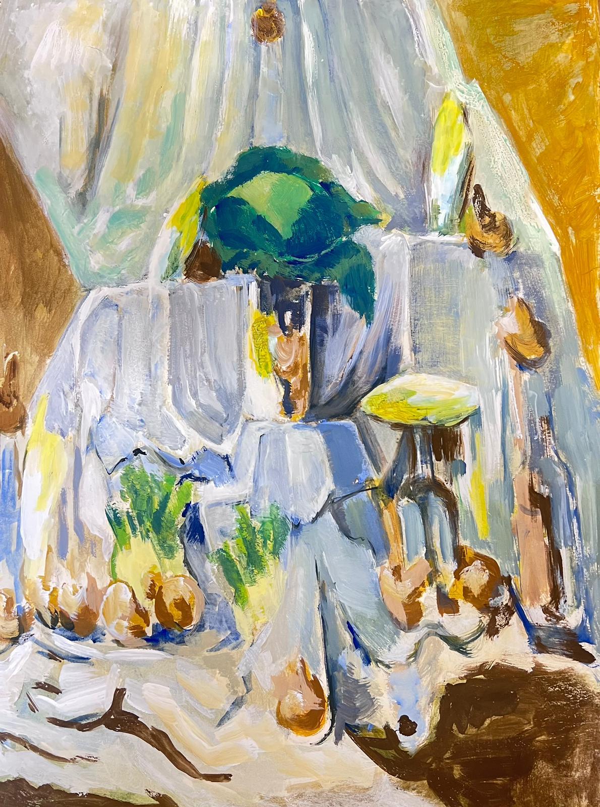 Guy Nicod Still-Life Painting – Französisches modernistisches drapiertes Tischtuch des 20. Jahrhunderts, Stillleben mit Zwiebeln