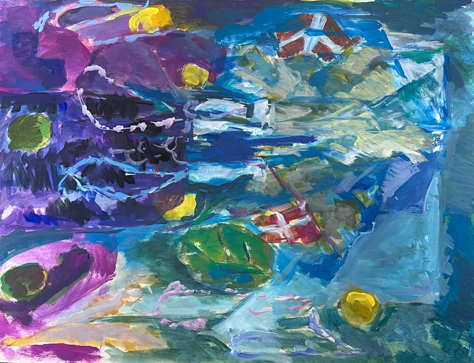Landscape Painting di Guy Nicod - Pittura modernista francese del XX secolo Blu brillante e viola astratta