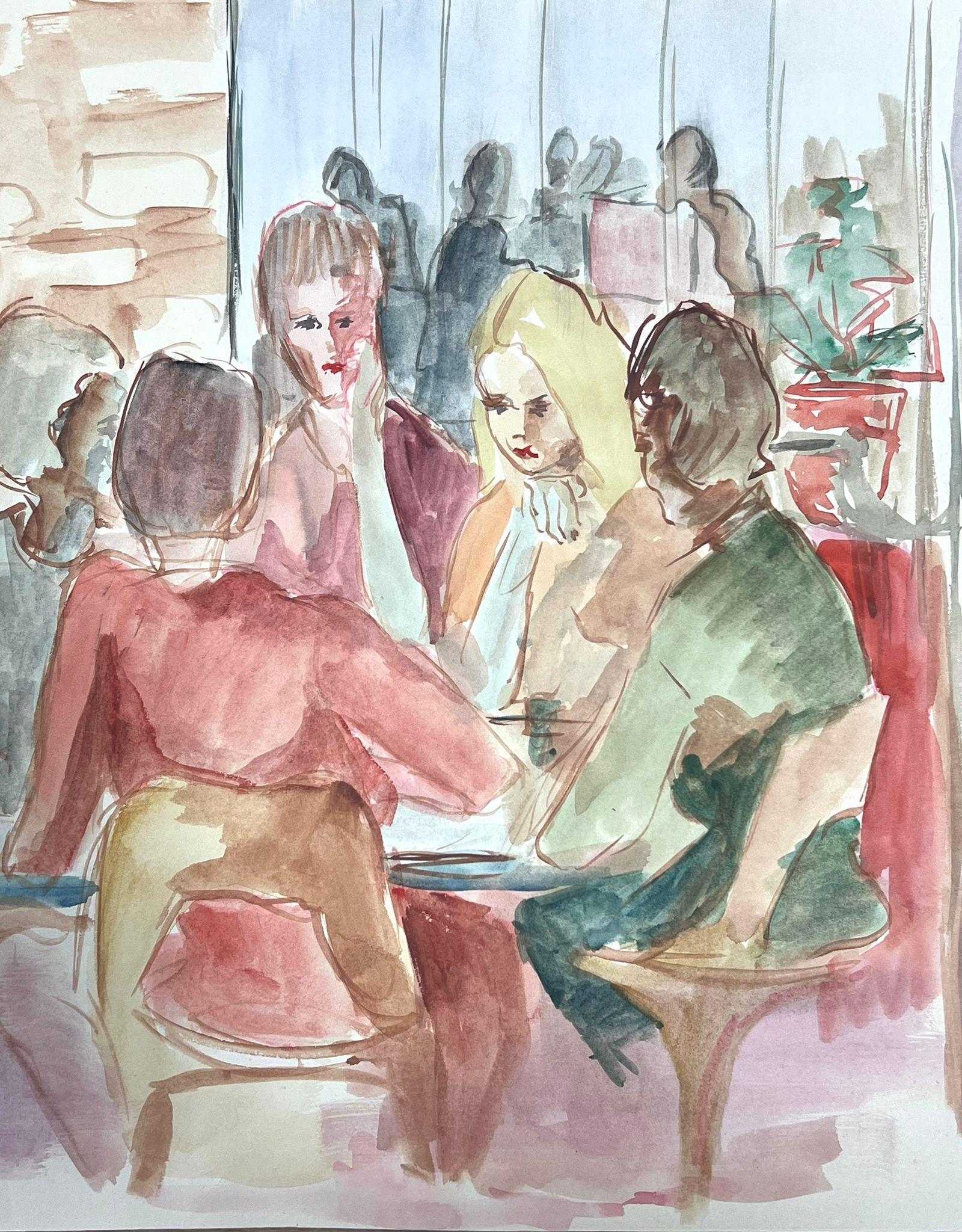 Französisches modernistisches Gemälde des 20. Jahrhunderts, weibliche Figuren, Gossiping, Aquarell im Angebot 1