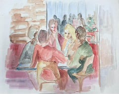 French 20th Century Modernist Painting Female Figures Gossiping Watercolour