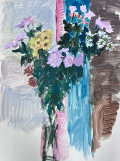 French 20th Century Modernist Painting Flowers In Clear Glass Vase Abstract