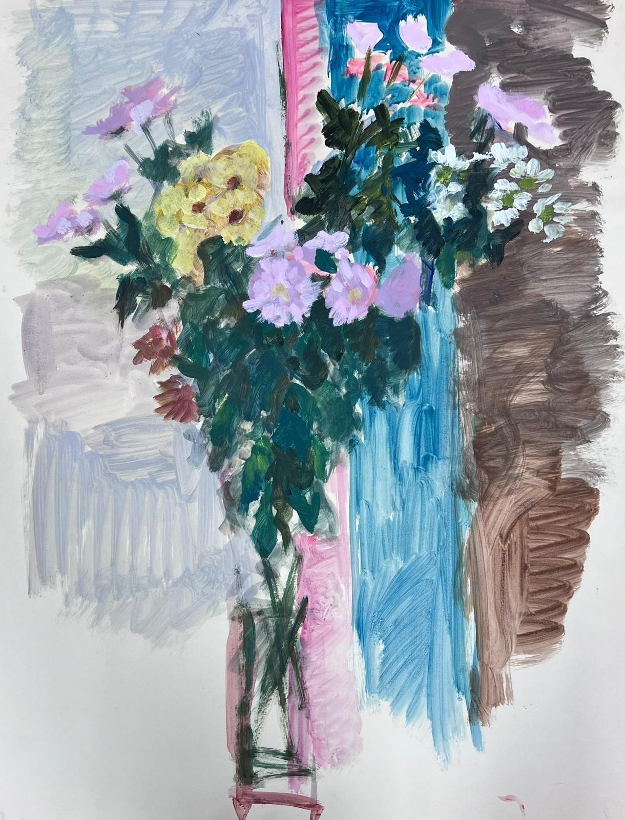 Peinture moderniste française du 20ème siècle, fleurs dans un vase en verre transparent, abstrait