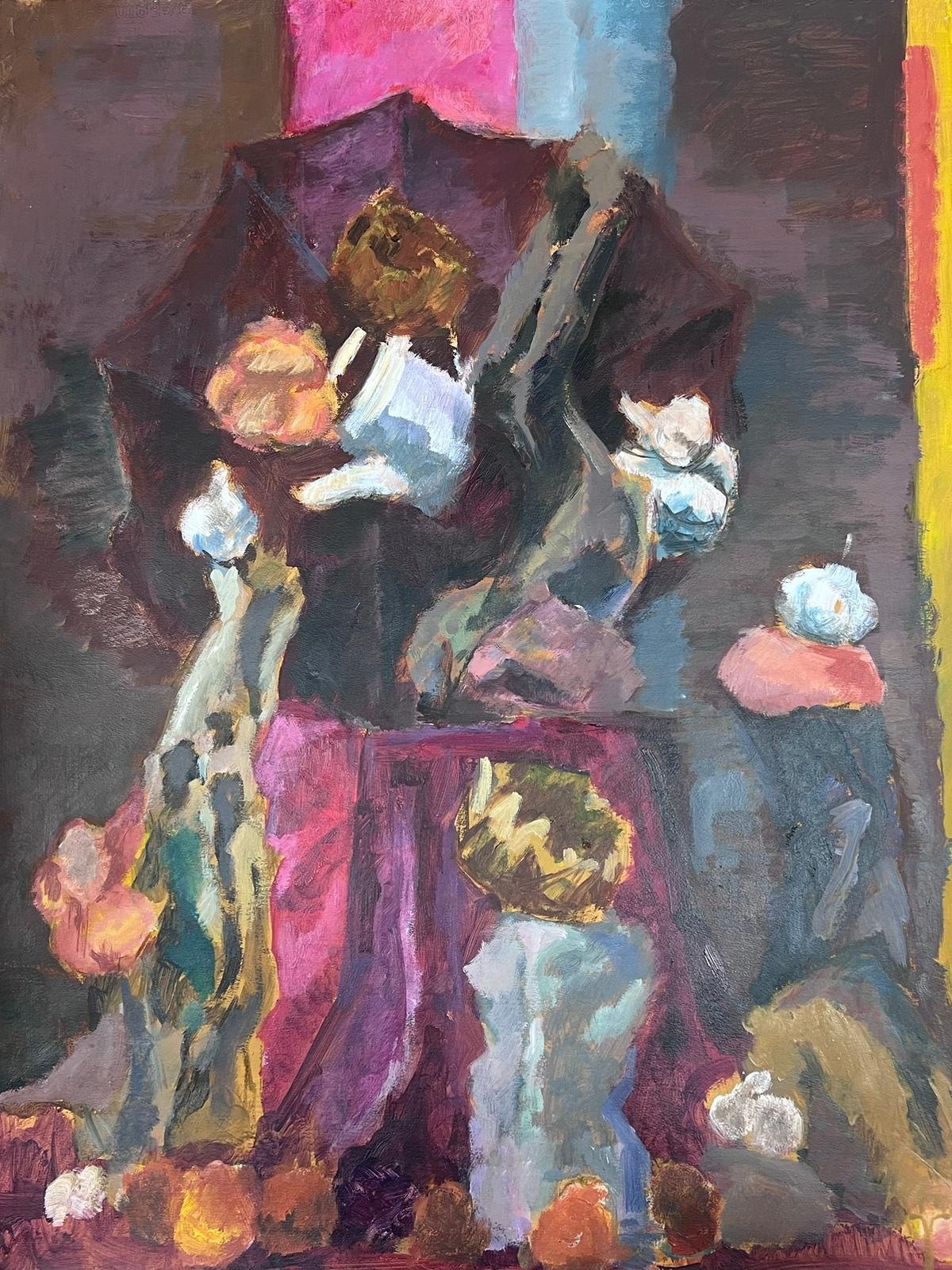 Guy Nicod Abstract Painting – Französisch 20. Jahrhundert Modernist Malerei Interieur Objekte Lila Farben