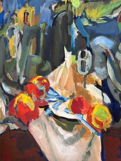 French 20th Century Modernist Painting Red Apples Interior Table Still Life