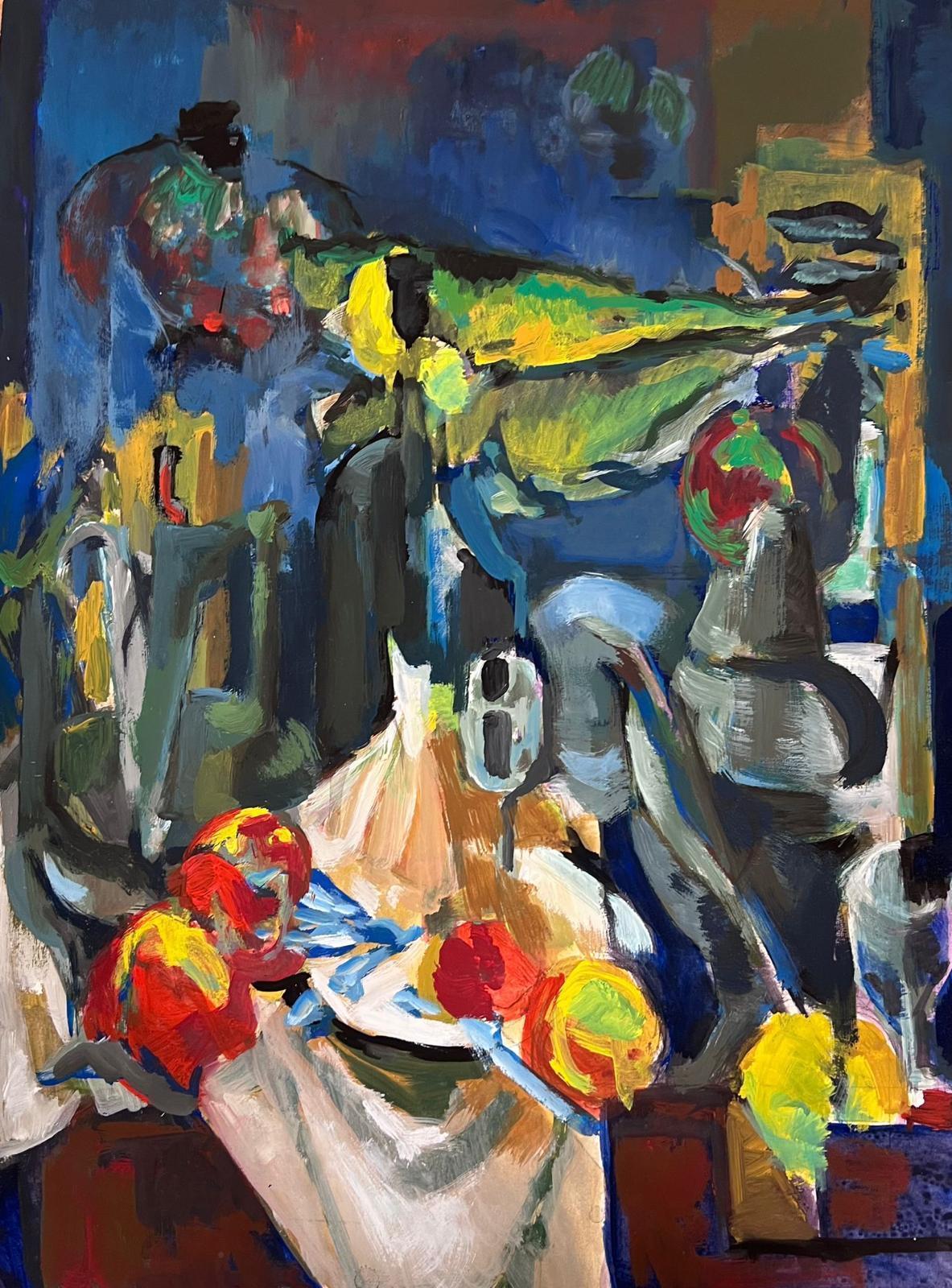 Guy Nicod Abstract Painting – Französischer modernistischer Interieurtisch des 20. Jahrhunderts, Stillleben mit roten Äpfeln, Gemälde