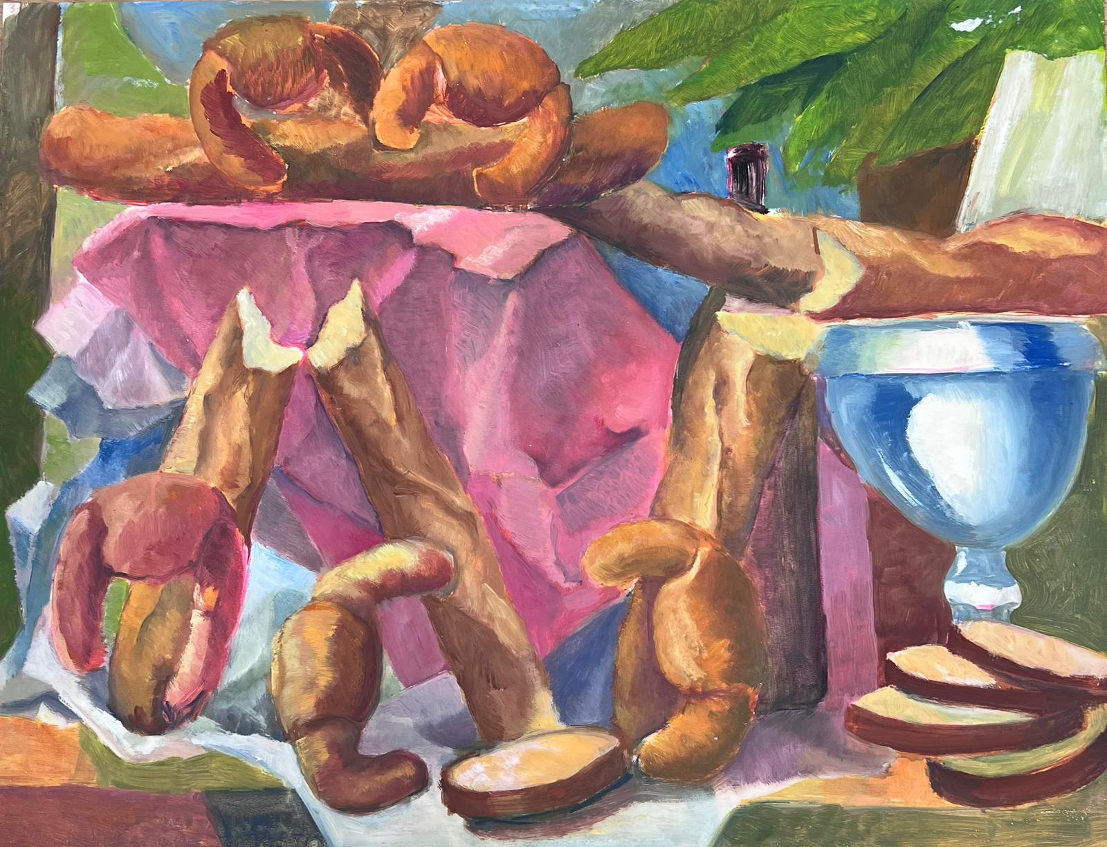 Guy Nicod Still-Life Painting - French 20th Century Modernist Painting Still Life Croissants and Baguettes 