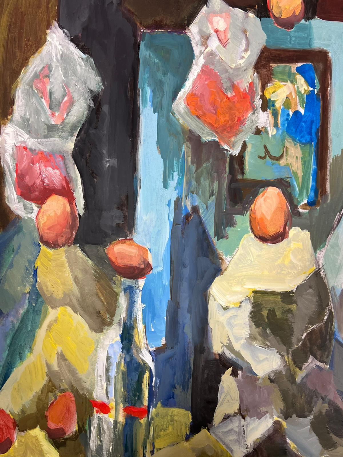 Französisches modernistisches Gemälde des 20. Jahrhunderts Stilllebens Eier und Flaschenobjekte – Painting von Guy Nicod