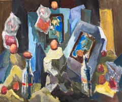 Retro French 20th Century Modernist Painting Still Life Eggs and Bottle Objects