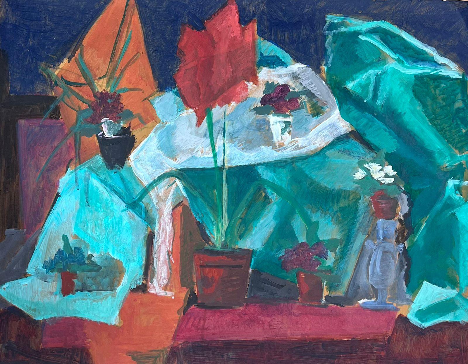 Französisches modernistisches Gemälde des 20. Jahrhunderts, Große rote Pflanze in Vase, Stillleben im Angebot 1