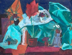 Französisches modernistisches Gemälde des 20. Jahrhunderts, Große rote Pflanze in Vase, Stillleben