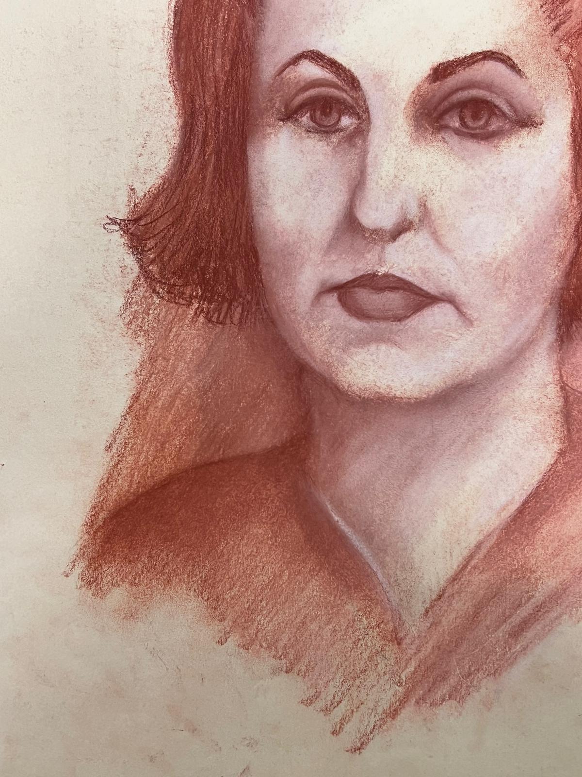 Französisch 20. Jahrhundert Modernist Rot Pastell Weibliches Porträt  – Painting von Guy Nicod