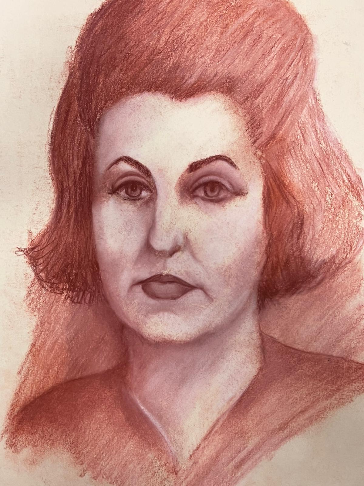 Französisch 20. Jahrhundert Modernist Rot Pastell Weibliches Porträt  (Moderne), Painting, von Guy Nicod