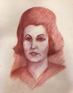 Vintage French 20th Century Modernist Red Pastel Female Portrait 