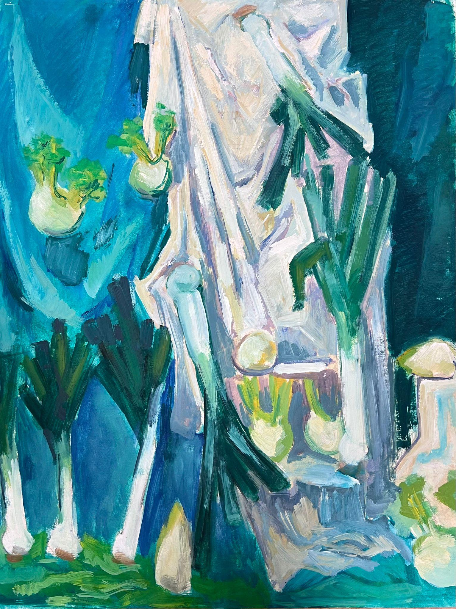 Bodegón turquesa modernista francés del siglo XX Cebollas de primavera y apionabos - Abstract Painting Azul de Guy Nicod