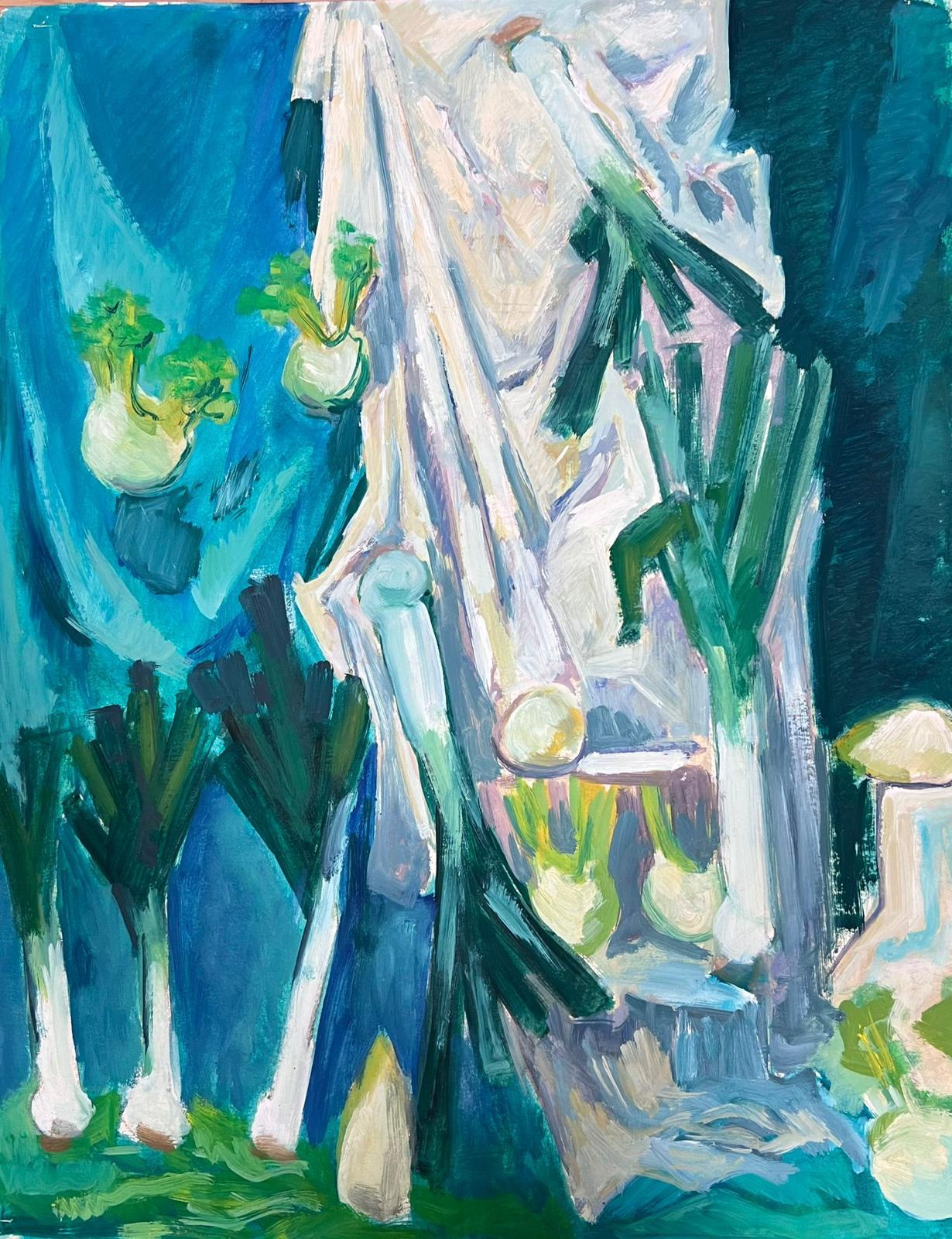 Guy Nicod Abstract Painting – Türkis-Stillleben des modernistischen französischen 20. Jahrhunderts, Französische Frühlings-Zwiebeln und Celeriacs