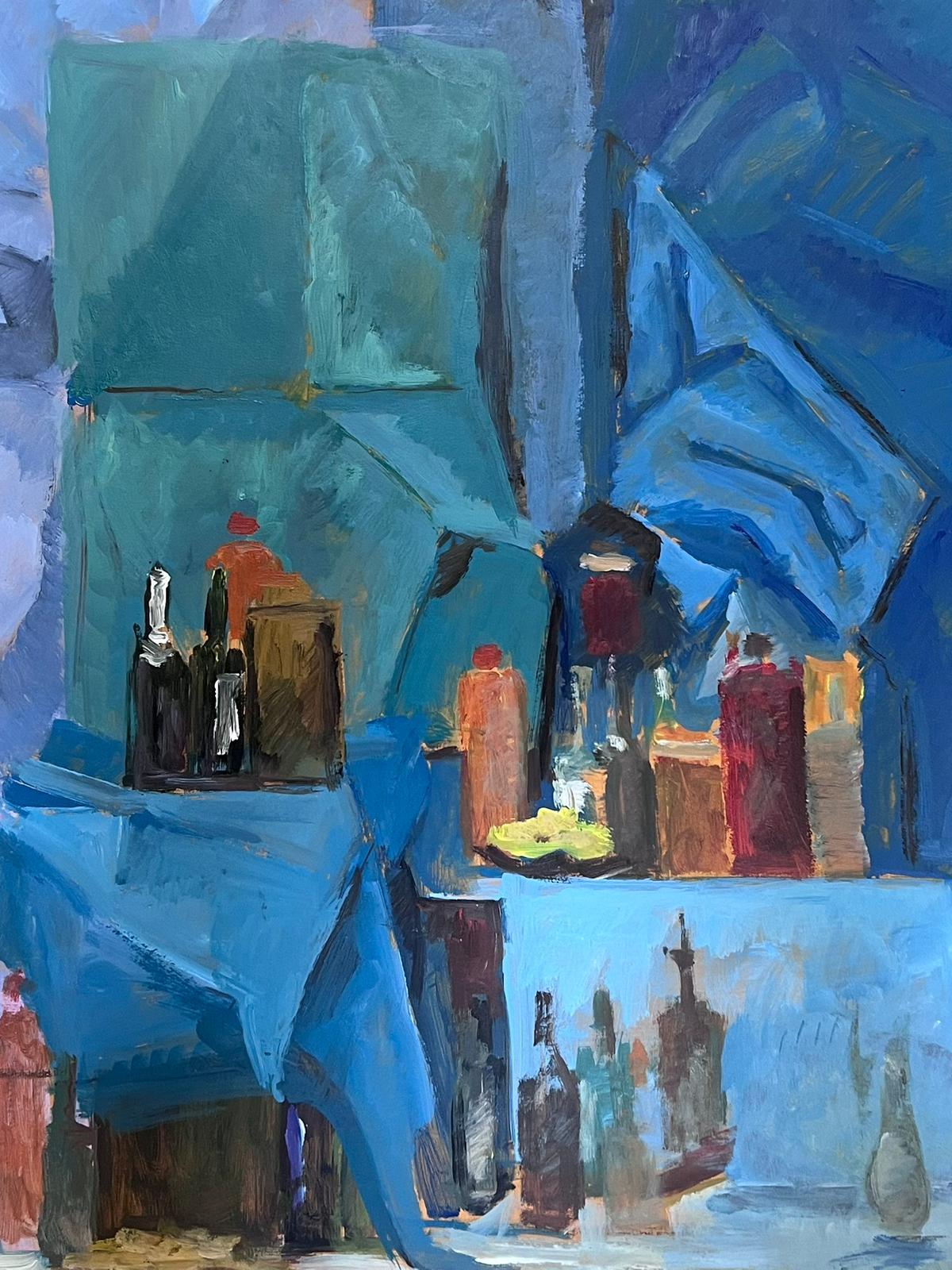 French 20th Century Modernist Wine Bottles In Blue Interior Painting For Sale 3