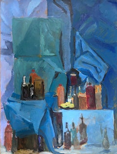 French 20th Century Modernist Wine Bottles In Blue Interior Painting