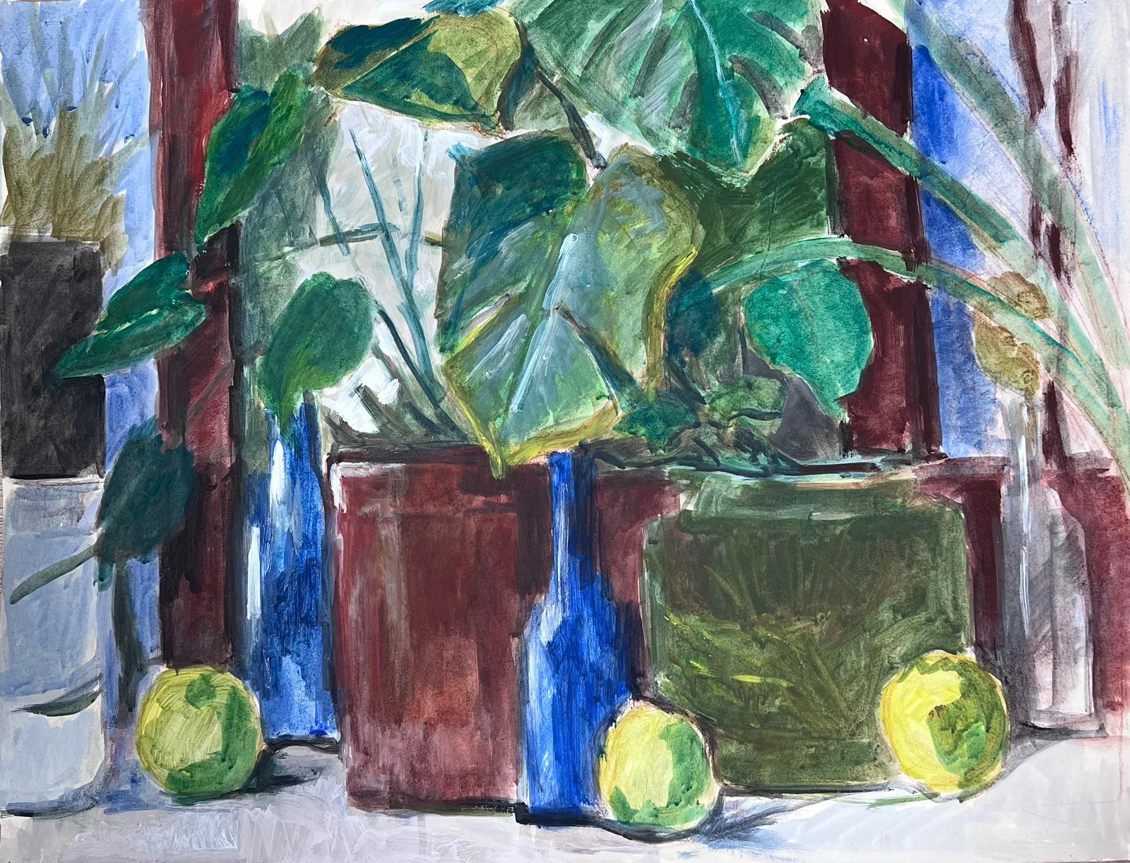 Guy Nicod Interior Painting - French 20th Century Monstera Deliciosa Plant Bottles and Lemons Still Life