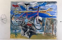 French 20th Century Surrealist Modernist Painting Bicycle & Umbrella