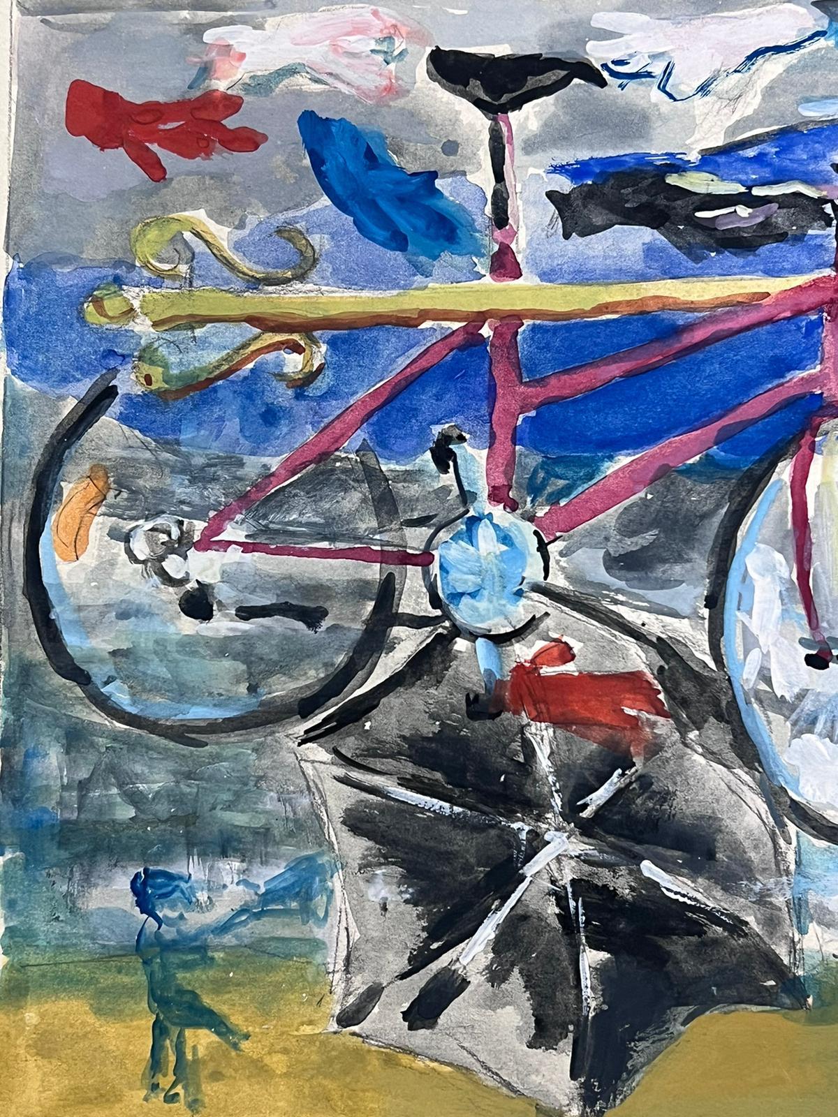 French 20th Century Surrealist Modernist Painting Bicycle & Umbrella For Sale 1