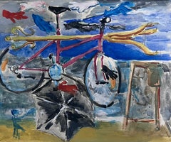 French 20th Century Surrealist Modernist Painting Bicycle & Umbrella