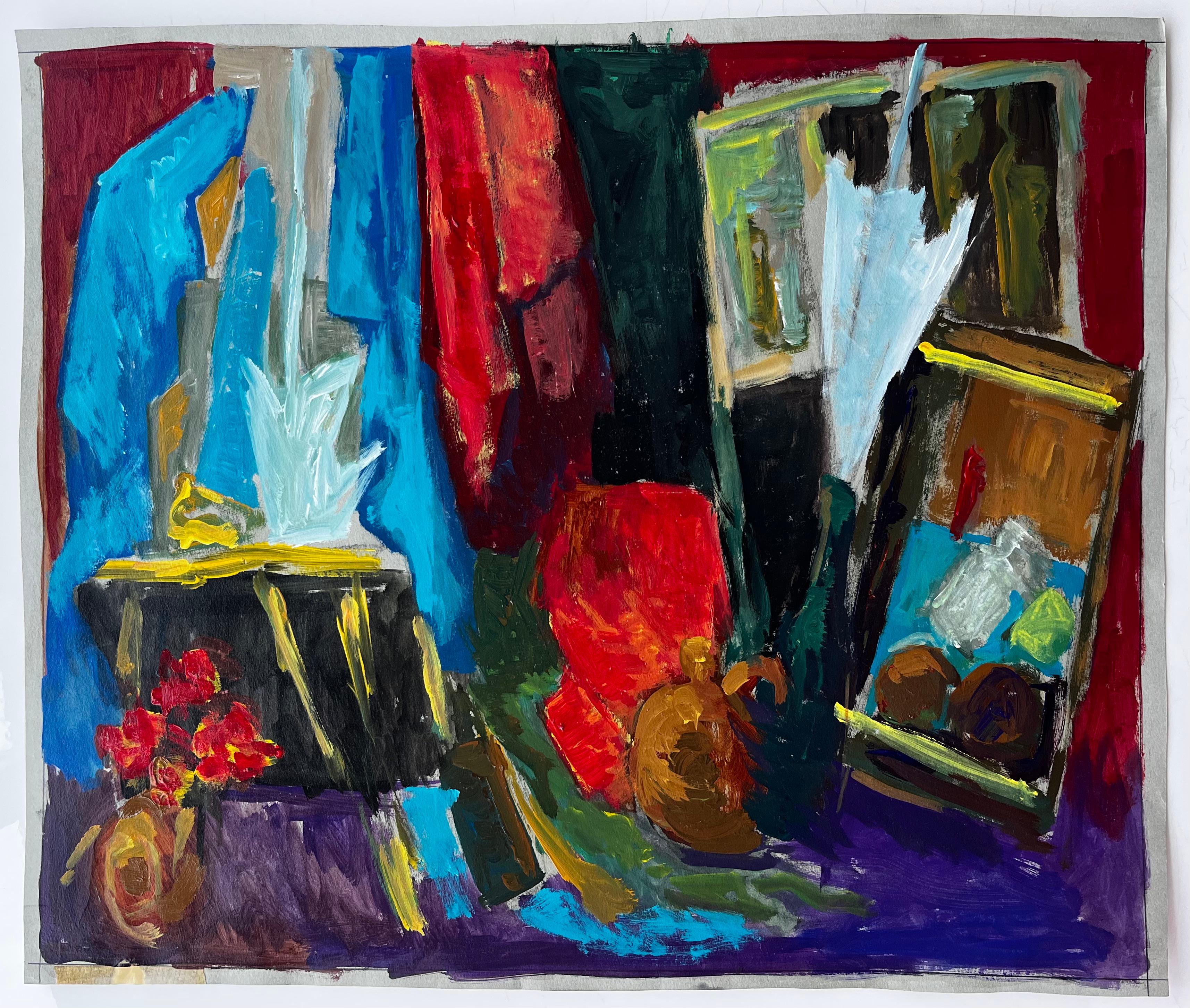 French Modern Oil Colourful Still Life with Fabrics Bottles and Picture Frames - Painting by Guy Nicod